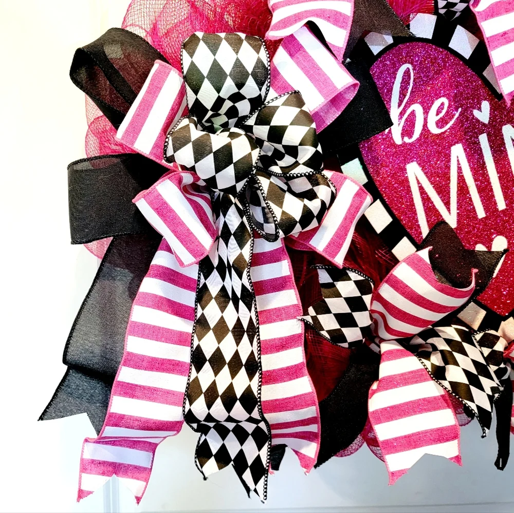 Be Mine Wreath Deco Mesh Bows Magent & Black Engagement Wedding Anniversary